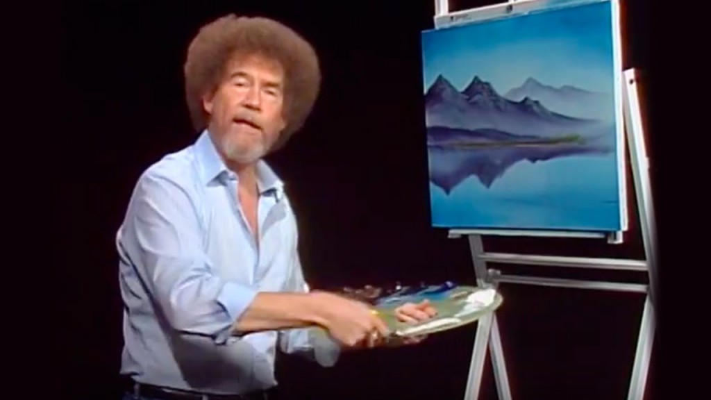 Magnificen Bob Ross with his beautiful Blue Hills painting